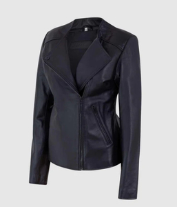 Chaqueta de Motocicleta Negra para Mujer, Cuello Alto, Cierre de Cremallera, Manga Larga, Abrigo de Cuero Genuino de Piel de Oveja - Product Image 2
