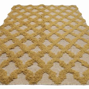 DECORDEC <b>Mustard</b> Yellow Beige Wool Raised Lattice <b>Rug</b> Eco-Friendly Non-Slip High-Low Textured Geometric Area Carpet for Living - Product Image 2