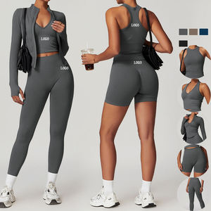 Women Four Piece Activewear Set Dark Grey Stretch Sports Bra Tank Top Jacket And Shorts Slim Fit Fitness Wear - Product Image 1