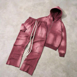 Ensemble de survêtements streetwear personnalisés pour hommes, 100% coton, effet délavé au soleil, sweat-shirts à fermeture éclair et pantalons de survêtement, ensembles de survêtements pour hommes - Product Image 1