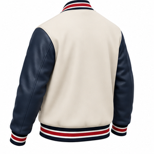 Blouson universitaire homme crème et bleu marine à la mode avec logo lettre rouge et blanc, fermeture boutonnée sur le devant, style preppy, OEM - Product Image 6