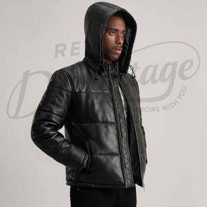 Veste en cuir matelassée noire pour homme avec capuche amovible, manteau d'hiver chaud et rembourré, veste de motard décontractée et tendance pour l'extérieur - Product Image 4