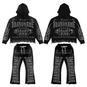 Ibex Custom Regular Men Solid Printed Hooded <b>Flared</b> Sweatpants Full <b>Glitter</b> Rhinestone 100% Cotton Eco-Friendly Sweatsuit - Product Image 3