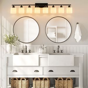 Lampada da Bagno Moderna a 8 Luci, Nero Opaco, 52 Pollici, con Paralume in Vetro Smerigliato Bianco, Illuminazione per Vanità - Product Image 2