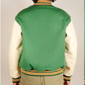 Veste de sport verte pour homme avec manches crème, fermeture éclair, col rabattable, vêtement décontracté d'automne - Product Image 2