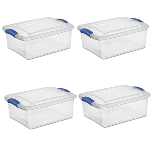 Contenitore di Stoccaggio Trasparente da 15 Quarti con Coperchio Blu a Chiusura Ermetica, Set da 4 Contenitori Impilabili - Product Image 1