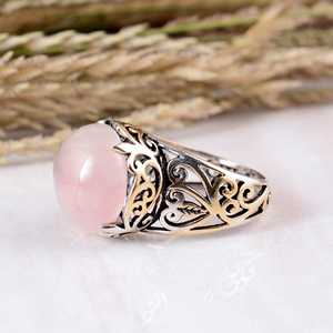925 Sterling Silver Pink Rose <b>Quartz</b> <b>Ring</b> Boho & Hippie Style Unisex Bezel Setting Statement Jewelry - Product Image 4