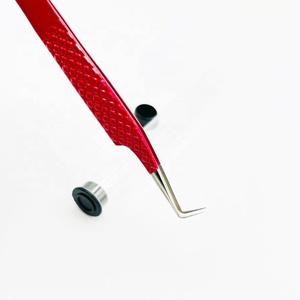 Pince à cils de luxe professionnelle à 90 degrés, volume personnalisé, en acier inoxydable massif, fibre à poignée diamantée pailletée rouge, vente en gros - Product Image 5