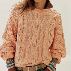 Hot Selling Women's Solid Color Cable Knit Lantern Sleeve Pullover Sweater Crew Neck Thick Acrylic Winter Casual Sweaters - Product Image 1