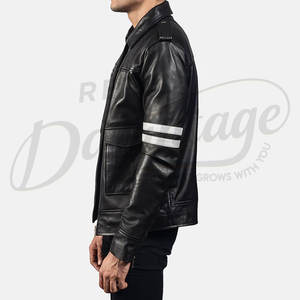 Chaqueta Utilitaria de Cuero Genuino Negra para Hombre con Franjas Blancas en los Brazos, Múltiples Bolsillos, Corte Ajustado, Estilo Motero, Ropa de Invierno - Product Image 5