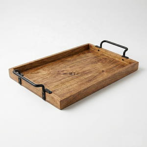Bandeja de Servir de Madera en Oferta, con Asas de Metal Negro Mate, Bandeja Rectangular Grande Decorativa para Otomanas, Bandejas Ecológicas para Alimentos - Product Image 2