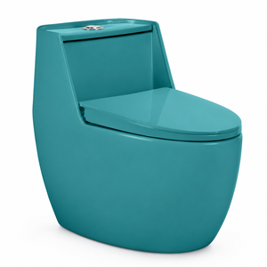 Inodoro de una pieza ovalado de color verde botella con acabado mate, de diseño minimalista, de cerámica con superficie lisa, para instalar en el suelo. - Product Image 1