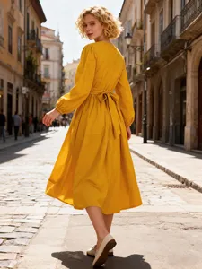 <b>Boho</b> Yellow Cotton <b>Long</b> <b>Dress</b> Women <b>Long</b> Sleeve Crew Neck High Waist Pleated Casual Midi <b>Dress</b> - Product Image 1