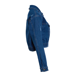 Women <b>Cropped</b> Blue <b>Denim</b> <b>Jacket</b> Elastic Hem Button Front Long Sleeve Casual Fashion Jean Outerwear - Product Image 2
