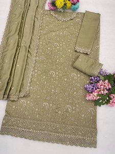 Costume en coton brodé vert olive pour femmes avec dupatta, tenue traditionnelle indienne pakistanaise, coupe ample, longueur cheville, vêtements décontractés - Product Image 2