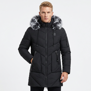 Veste longue à capuche pour homme avec garniture en fourrure, coupe-vent, parka d'hiver épaisse, fermeture éclair décontractée, manteau noir uni - Product Image 3
