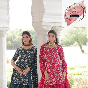 Ultimo Modello di Set Palazzo in Finto Georgette con Ricchi Ricami in Paillettes, Top e Pantaloni Palazzo con Dupatta - Product Image 1