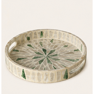 Bandeja de Servir Redonda de Lujo con Incrustaciones de Madreperla, Mosaico Verde Geométrico, Bandeja Decorativa con Asas para Mesa de Centro, Venta al Por Mayor - Product Image 1