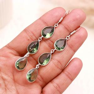 Green Peridot Quartz Pear Cut <b>Dangle</b> <b>Earrings</b> 925 <b>Sterling</b> <b>Silver</b> | Olive Green Gemstone Drop <b>Earrings</b> | Elegant Handmade Long E - Product Image 1