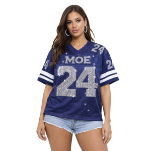 Trendy <b>Blue</b> American Football Jersey Women Rhinestone Mesh V-Neck Silver Sparkly Bling <b>Glitter</b> Lady Team Streetwear Casual Shirt - Product Image 3