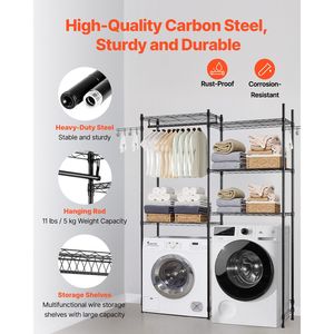 Scaffale portaoggetti a 5 livelli sopra lavatrice/asciugatrice, regolabile, a due file, con asta appendiabiti e ganci per lavanderia - Product Image 3