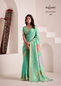 Sari Étnico de Lino de 100 Hilos, Largo hasta el Suelo, con Estampado Floral Verde, Tela Antiarrugas, Drapeado, con Blusa de Manga Corta para Uso Diario - Product Image 1