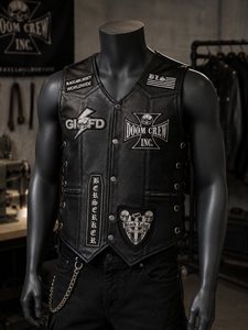 Custom Windproof Waterproof Breathable Patches Men's Genuine Leather Moto <b>Vest</b> V-Neck Skull Design <b>Black</b> Outerwear Smart Casual - Product Image 1
