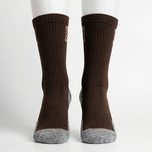 Brown Crew <b>Socks</b> With Gray <b>Toe</b> And Heel Knitted Polyester Spandex Hiking Breathable Solid Pattern Adult Autumn Wear - Product Image 1