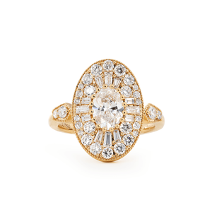 Bague de fiançailles vintage en or jaune 18 carats avec diamant ovale de 0,75 ct cultivé en laboratoire, certifié IGI, halo mosaïque, baguette conique et anneaux ronds - Product Image 1