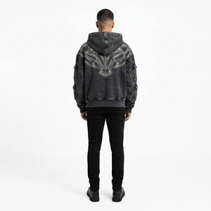 Men's Vintage Washed <b>Graphic</b> <b>Zip</b> <b>Up</b> <b>Hoodie</b> with Embossed Tribal Print Studded Pockets - Product Image 2