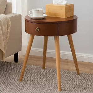 Wooden <b>Round</b> Side <b>Table</b> with Drawer, Chest of Drawers <b>Bedside</b> <b>Table</b> Retro <b>Bedside</b> <b>Table</b> Coffee <b>Table</b> (Brown) - Product Image 1