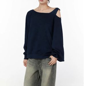 <b>Womens</b> <b>Navy</b> Blue Cold Shoulder Sweatshirt One Shoulder Cut Out Long Sleeve <b>Fleece</b> Pullover Oversized Y2K Streetwear Thermal Tops - Product Image 1