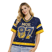 Maillot de football américain bleu profond 2026 pour femme, avec strass jaunes, col en V en maille, doré scintillant, style streetwear