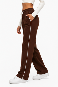 Pantalon de jogging marron pour femme, coupe droite, décontracté, jambe large, taille haute, coupe décontractée, pantalon de sport avec cordon de serrage à la taille - Product Image 2