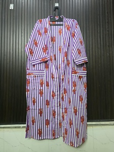 Robe longue pour femme à rayures violettes et imprimé homard, col en V, manches trois quarts, 100% coton, peignoir décontracté en tissu doux tissé - Product Image 5