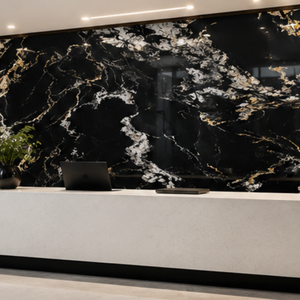 Marbre poli BELVEDERE GOLD écologique, noir, blanc, veines vertes, grande dalle, design 3D, décoration murale moderne pour salon - Product Image 1
