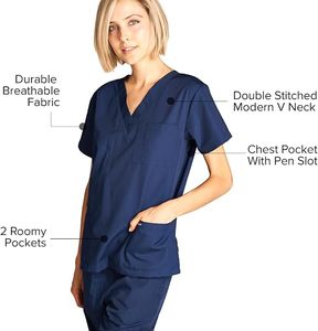 Hauts de blouse bleu marine pour femmes, manches courtes, col en V, ensemble uniforme d'hôpital pour les professionnels de la santé - Product Image 5