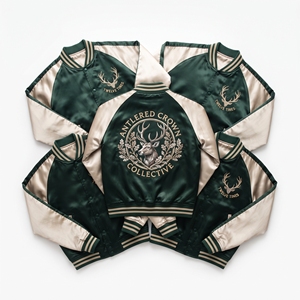 Wholesale Supplier Green Satin Varsity Jacket Custom Embroidered Cream Raglan Sleeve Snap Button Letterman Baseball <b>Coat</b> - Product Image 1