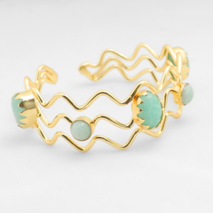 Fashion 18K Gold Plated Open <b>Cuff</b> Bangle with Natural Amazonite Stone | Wavy Design Adjustable Bangle Wholesale - Gift for her - Product Image 5