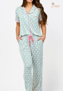 Women's Floral Print Short Sleeve Pajama Set 100% Cotton Button Front Sleepwear Casual Summer Loungewear Full Length <b>Pants</b> - Product Image 4
