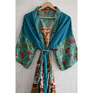 ชุดกิโมโนผ้าไหมปะติดปะต่อสำหรับผู้หญิง ชุดนอนยาวสไตล์โบโฮเซ็กซี่ ชุดนอนนุ่มเบาสบาย - Product Image 3