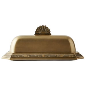 Beurrier en métal finition dorée avec couvercle, design gravé vintage, motif uni, vaisselle et assiettes - Product Image 4