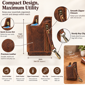 Genuine Leather Zipper <b>Key</b> & Card Holder Wallet Keychain Compact <b>Organizer</b> Travel Coin Purse Pouch Brown High-quality Men Women - Product Image 6