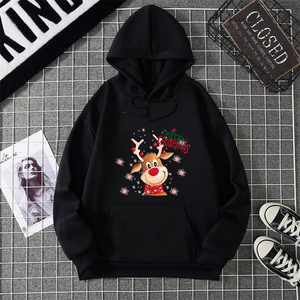Christmas Reindeer Printed Hooded Sweatshirt Unisex Cotton Casual Winter Hoodie With Front Pocket Regular Fit - Product Image 4