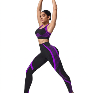 Women Solid 2Pcs Yoga Set High Waist Leggings Sports Bra Racerback Neck Full Length - Product Image 4