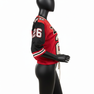 Camiseta de Fútbol Femenina, 190 GSM, Malla Deportiva de Poliéster, Paneles de Manga Rojos y Negros, Logotipo Personalizado Bordado, Camiseta de Fútbol Femenina de Algodón - Product Image 3