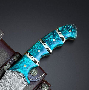 Couteau de traqueur multifonction à lame fixe en acier Damas, best-seller, avec manche en bois de rose et étuis en cuir - Product Image 2