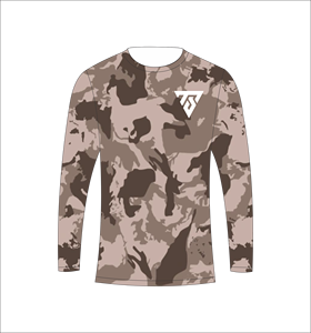 Camiseta personalizada sublimada de manga larga para hombre con estampado de camuflaje desértico en tonos marrón y tostado para deportes y uso casual. - Product Image 5