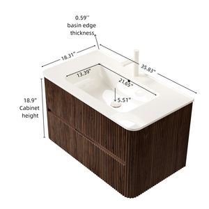 Mobile bagno sospeso NOOR da 36 pollici in compensato con 2 cassetti e lavabo in ceramica bianca - NOOR 36 pollici - Product Image 6