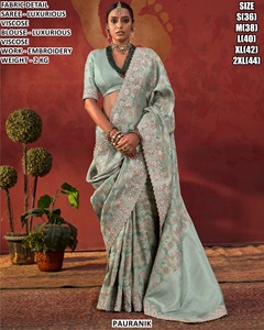 Sari traditionnel vert en viscose brodé Pauranik avec chemisier pour femme, longueur ras du sol, idéal pour les mariages - Product Image 4